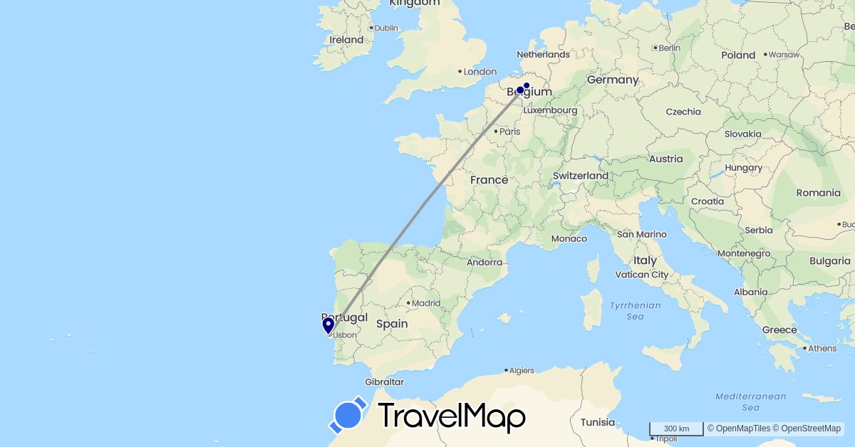 TravelMap itinerary: driving, plane in Belgium, Portugal (Europe)